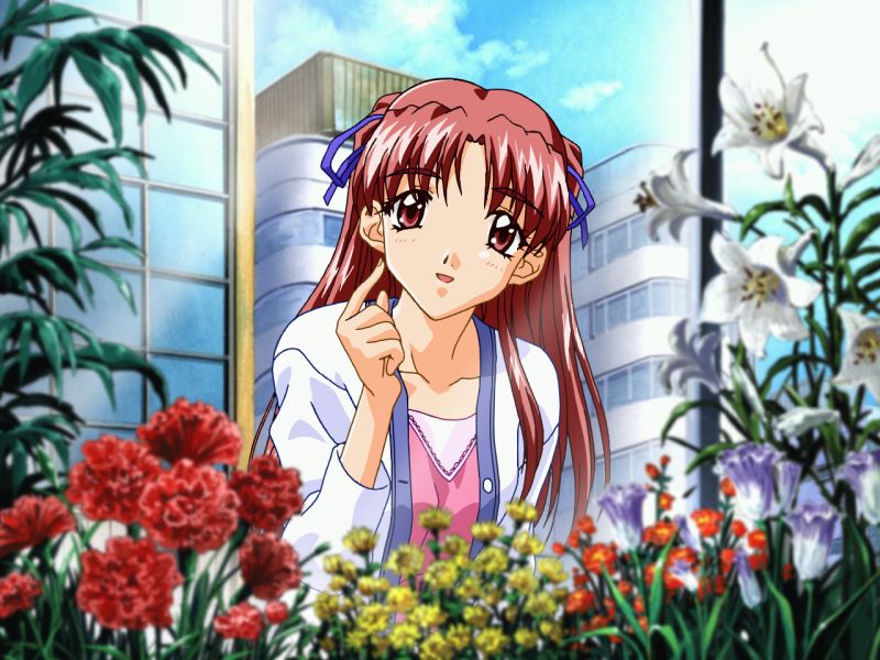 artist_request bangs blue_sky blurry blush brown_eyes brown_hair building carnation cloud collarbone day depth_of_field flower hair_ribbon half_updo index_finger_raised lily_(flower) long_hair long_sleeves looking_at_viewer outdoors parted_bangs red_carnation red_flower ribbon sawatari_honoka sentimental_graffiti sky solo upper_body