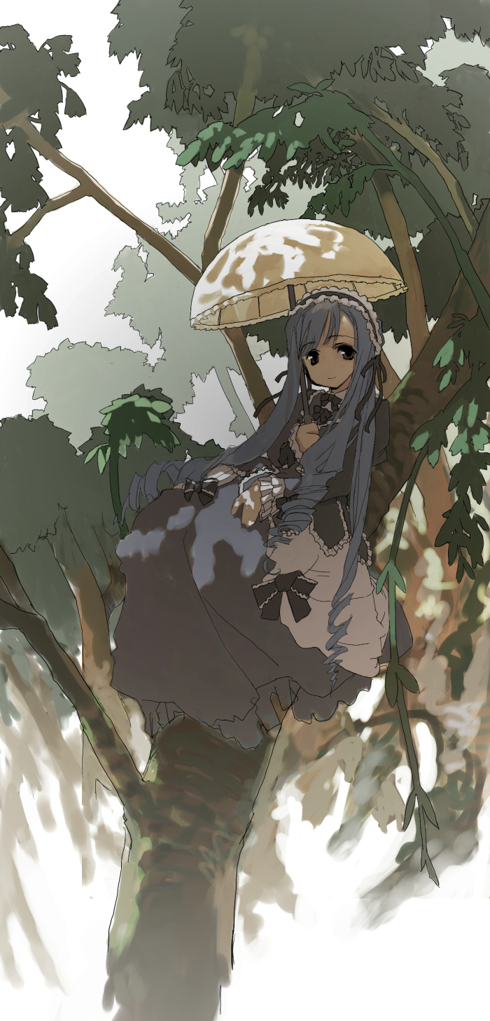 aria_(sister_princess) artist_request bangs black_bow black_dress black_ribbon blue_hair bow closed_mouth day dress eyebrows_visible_through_hair forest frilled_sleeves frills hairband highres holding holding_umbrella in_tree lolita_hairband long_hair long_sleeves looking_at_viewer nature parasol plant ribbon ringlets sister_princess sitting smile solo tree tree_shade umbrella very_long_hair vines