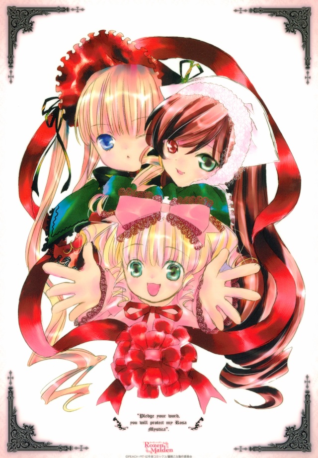 :d ;o blonde_hair blue_eyes bonnet border bow copyright_name dress flower frills green_dress hair_bow head_scarf heterochromia hina_ichigo logo long_hair long_sleeves looking_at_viewer multiple_girls official_art one_eye_closed open_mouth outstretched_arms peach-pit pink_bow pink_dress red_dress ribbon rose rozen_maiden shinku simple_background smile suiseiseki twintails very_long_hair