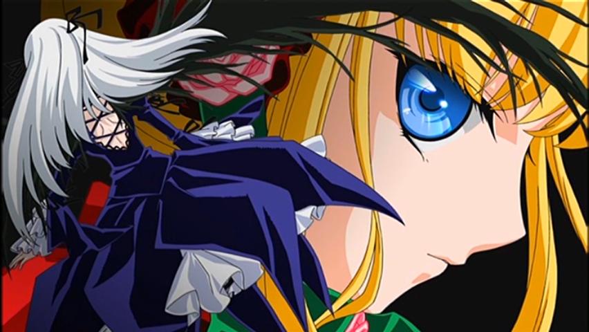artist_request backless_dress backless_outfit blonde_hair blue_eyes close-up dress from_behind long_hair long_sleeves multiple_girls rozen_maiden shinku silver_hair suigintou