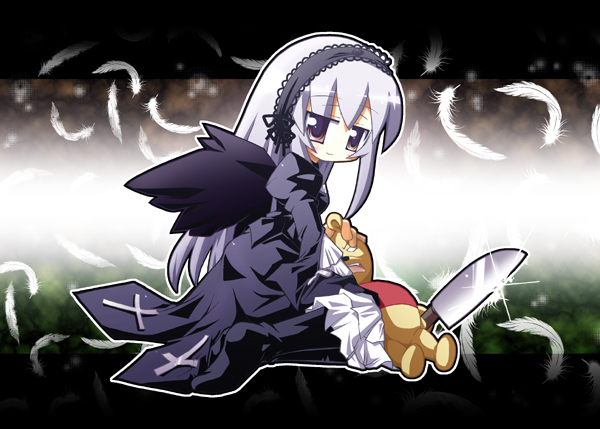 artist_request black_wings blush cross dress feathers from_side full_body gothic_lolita hairband inverted_cross knife latin_cross lolita_fashion lolita_hairband long_hair long_sleeves looking_at_viewer pooh red_eyes rozen_maiden silver_hair sitting solo suigintou wings winnie_the_pooh