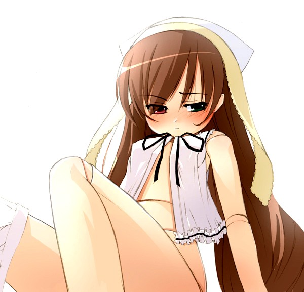 artist_request bare_arms bare_shoulders blush brown_hair flat_chest green_eyes head_scarf heterochromia long_hair looking_at_viewer red_eyes ribbon rozen_maiden simple_background skirt skirt_around_one_leg sleeveless solo suiseiseki very_long_hair white_background