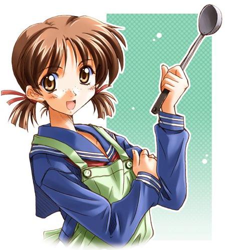 :d adachi_taeko apron aqua_background brown_eyes brown_hair freckles gradient gradient_background green_apron holding jpeg_artifacts ladle long_sleeves looking_at_viewer low_twintails lowres open_mouth outline school_uniform sentimental_graffiti serafuku short_twintails smile solo takeya_masami twintails upper_body