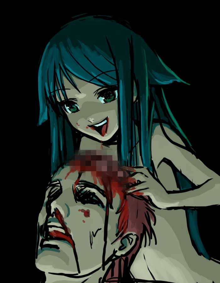 1girl artist_request blood blood_on_face brain cannibalism censored corpse green_eyes green_hair guro mosaic_censoring nosebleed nude saya saya_no_uta tonoo_kouji