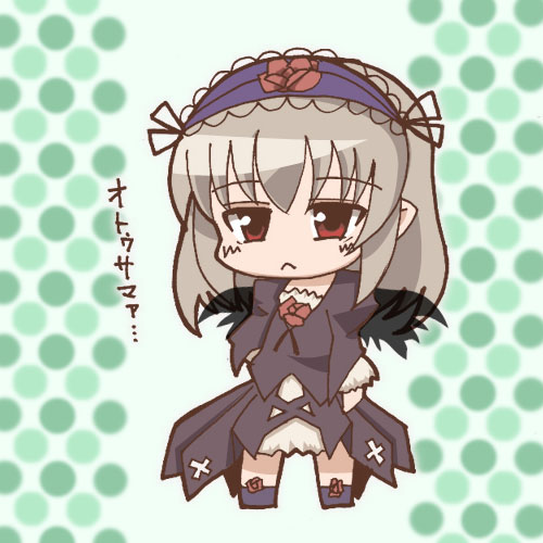 :&lt; artist_request black_dress blush chibi crossed_arms dress flower full_body hairband lolita_hairband long_hair long_sleeves lowres red_eyes red_flower red_rose rose rozen_maiden silver_hair simple_background solo standing suigintou