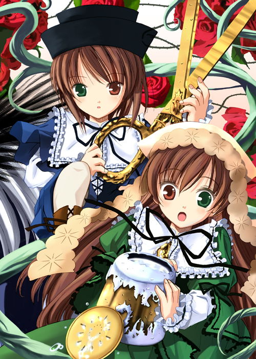 artist_request blue_dress blush boots brown_footwear brown_hair bucket capelet dress flower frilled_sleeves frills green_dress green_eyes hat head_scarf heterochromia holding knee_boots long_hair long_sleeves multiple_girls open_mouth oversized_object plant red_eyes ribbon rose rozen_maiden scissors siblings sisters souseiseki suiseiseki surprised thorns twins very_long_hair white_legwear