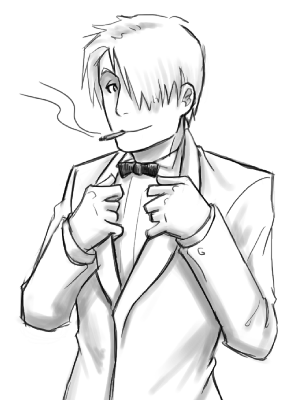 cigarette formal ginko greyscale hair_over_one_eye james_bond_(series) long_sleeves lowres male_focus monochrome mushishi parody smile smoking solo suit