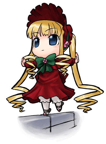 artist_request balancing bangs blonde_hair blush bow bowtie chibi dress drill_hair full_body hat leg_up long_hair long_sleeves outstretched_arms red_dress rozen_maiden shinku solo standing standing_on_one_leg twin_drills very_long_hair wavy_mouth white_legwear