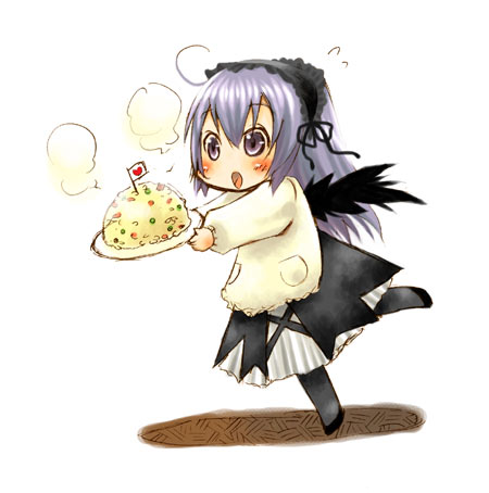 :o artist_request black_wings blush cake carrying food full_body hair_between_eyes heart long_sleeves lowres open_mouth plate pocket purple_eyes rozen_maiden short_hair silver_hair solo suigintou wings