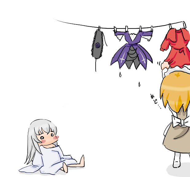 artist_request character_request chibi child clothesline laundry long_sleeves maid multiple_girls oversized_clothes rozen_maiden suigintou wet wet_clothes