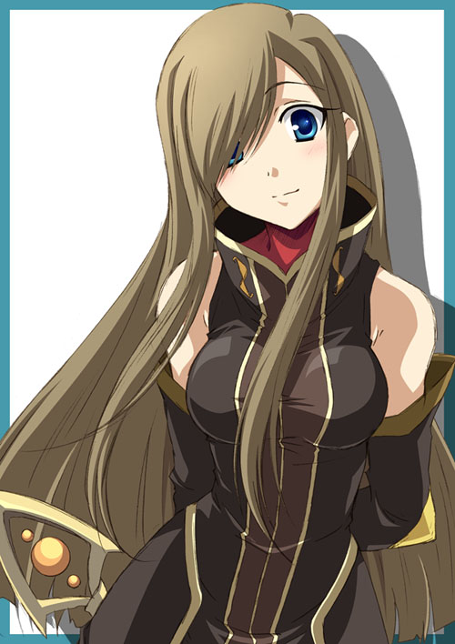 bare_shoulders blue_eyes brown_hair detached_sleeves izumi_mahiru long_hair simple_background solo tales_of_(series) tales_of_the_abyss tear_grants white_background