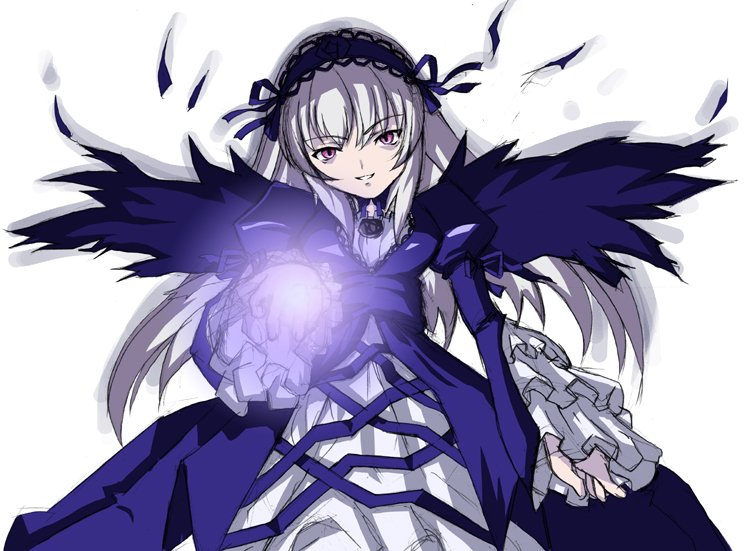 artist_request long_hair long_sleeves pink_eyes rozen_maiden silver_hair solo suigintou wings