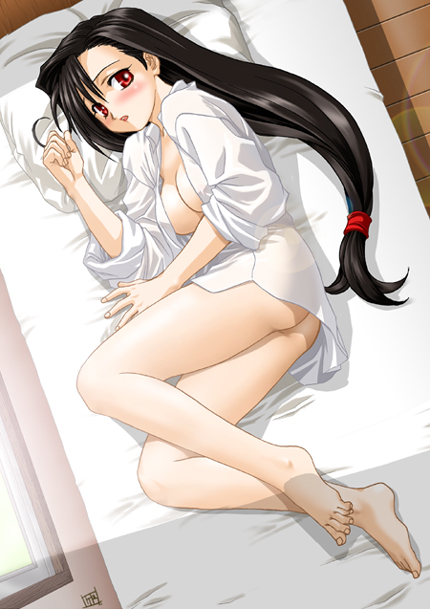 ass barefoot bed breasts cleavage feet final_fantasy final_fantasy_vii kedo_mitsuharu long_hair low-tied_long_hair medium_breasts no_bra open_clothes open_shirt red_eyes shirt signature sleeves_rolled_up solo tifa_lockhart