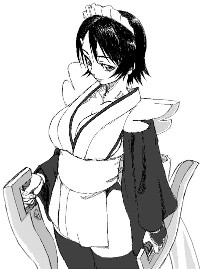 artist_request breasts cleavage greyscale iroha_(samurai_spirits) large_breasts long_sleeves monochrome samurai_spirits solo