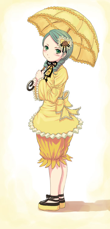 artist_request dress drill_hair green_eyes green_hair hair_ornament heart heart_hair_ornament kanaria long_sleeves looking_at_viewer over_shoulder rozen_maiden shadow solo standing yellow_dress yellow_umbrella