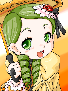 :d artist_request blush dress drill_hair green_eyes green_hair kanaria long_sleeves looking_at_viewer lowres open_mouth orange_background rozen_maiden short_hair simple_background smile solo twin_drills umbrella yellow_dress