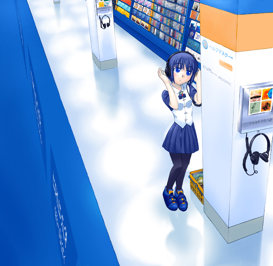 98-tan artist_request blue_eyes blue_hair bob_cut from_above hand_on_ear headphones long_sleeves os-tan pantyhose pillar shoes shop shopping_basket short_hair skirt sneakers solo translation_request
