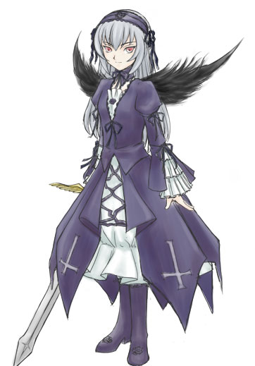 artist_request long_hair long_sleeves red_eyes rozen_maiden silver_hair solo suigintou sword weapon wings