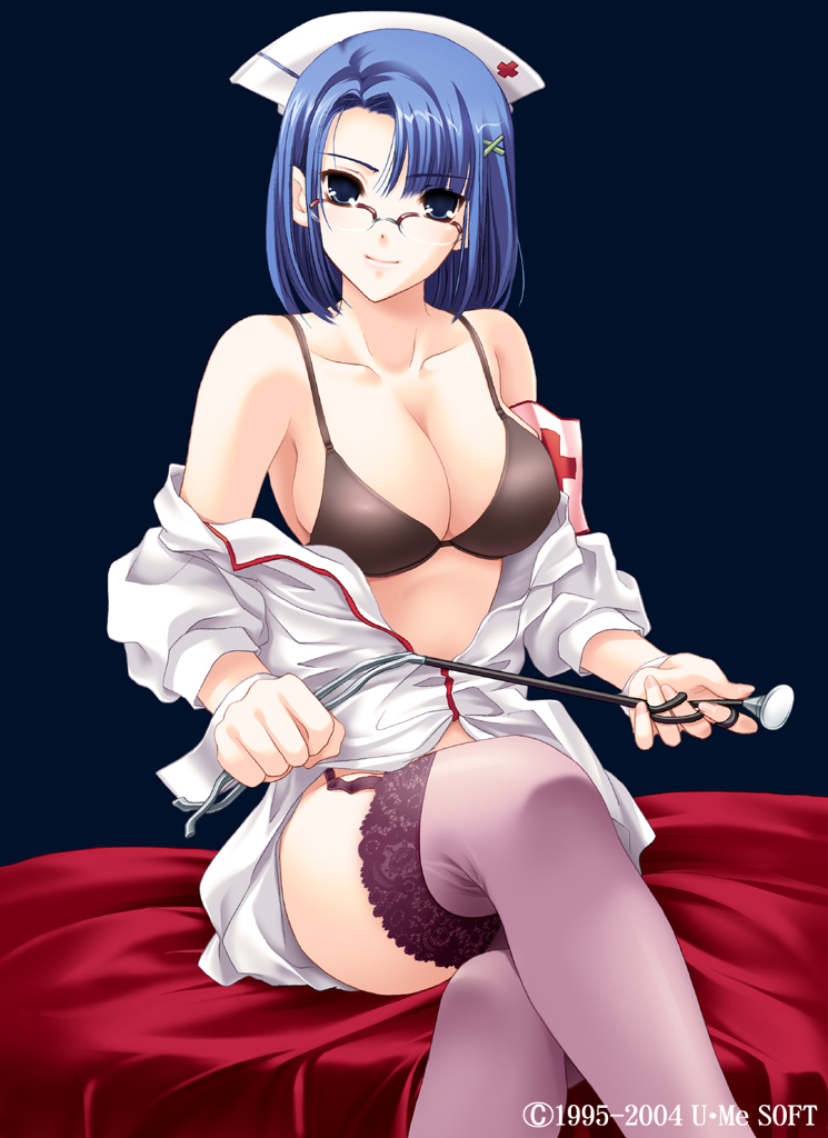 bed belt blue_eyes blue_hair bra breasts cleavage crossed_legs dress garter_belt glasses hakui_no_gohoushi hat kinmedai_pink lace lace-trimmed_thighhighs large_breasts lingerie mai_ryouka nurse nurse_cap off_shoulder open_clothes purple_legwear short_hair sitting smile solo stethoscope thighhighs underwear undressing