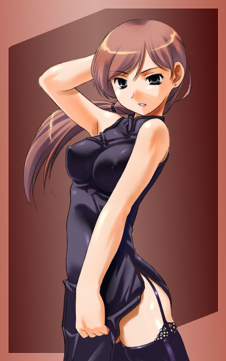 arm_up black_eyes brown_hair china_dress chinese_clothes copyright_request dress earrings garter_straps hand_in_hair jewelry lipstick makeup ponytail side_slit solo thighhighs umekichi