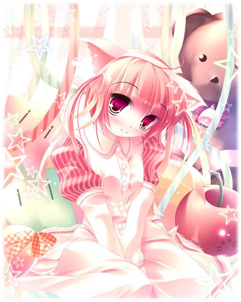 animal_ears bangs blush cat_ears closed_mouth collared_dress copyright_request dress eyebrows_visible_through_hair hairband inuneko long_sleeves red_eyes red_hair ribbon short_hair smile solo source_request star striped stuffed_animal stuffed_toy teddy_bear