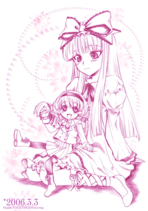 2girls artist_request bangs blunt_bangs blush character_request dress hairband hime_cut hina_ichigo long_hair long_sleeves looking_down looking_up monochrome multiple_girls pantyhose pink ribbon rozen_maiden sitting sitting_on_lap sitting_on_person size_difference smile