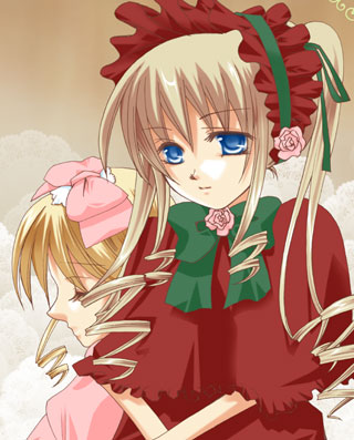 artist_request blonde_hair blue_eyes bow bowtie brown_background capelet closed_eyes dress drill_hair flower green_bow hair_between_eyes hat hat_bow hina_ichigo long_hair long_sleeves looking_down lowres multiple_girls pink_bow red_dress rose rozen_maiden sad shinku simple_background twin_drills twintails upper_body very_long_hair