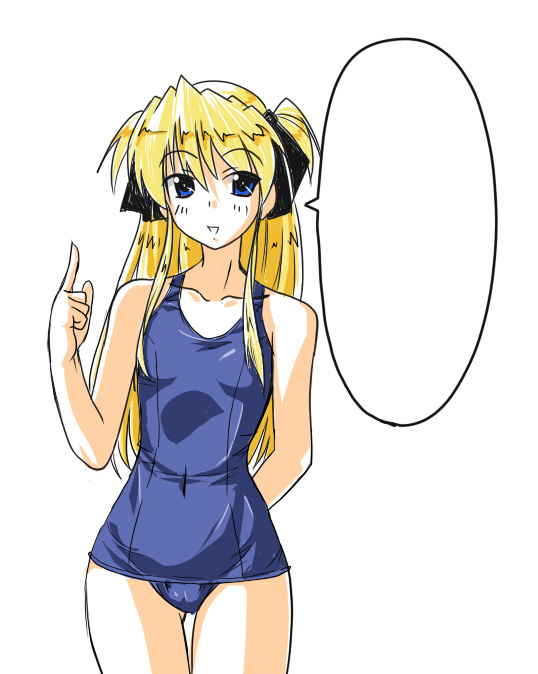 aflo_aikawa bare_shoulders blank_speech_bubble blonde_hair blue_eyes hair_ribbon long_hair one-piece_swimsuit pointing pointing_up quiz_magic_academy ribbon school_swimsuit shalon simple_background solo speech_bubble swimsuit white_background