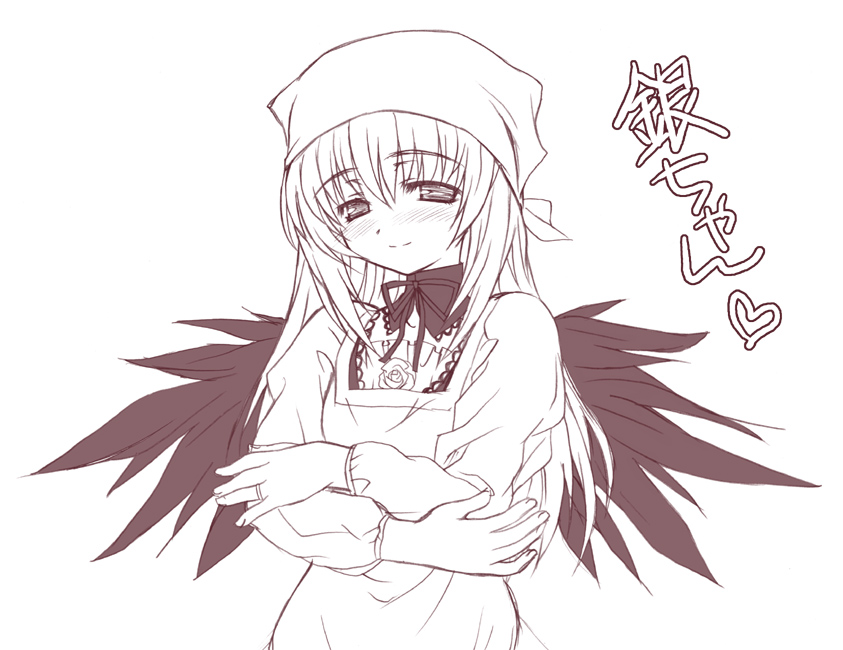 artist_request blush crossed_arms long_hair long_sleeves monochrome pink rozen_maiden solo suigintou wings
