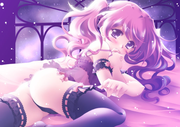 ass bed finger_to_mouth garters kusui_aruta lingerie looking_back original pink_eyes pink_hair solo thighhighs twintails underwear