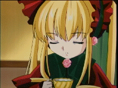 animated animated_gif blonde_hair blue_eyes cup drinking long_hair lowres rozen_maiden screencap shinku solo teacup