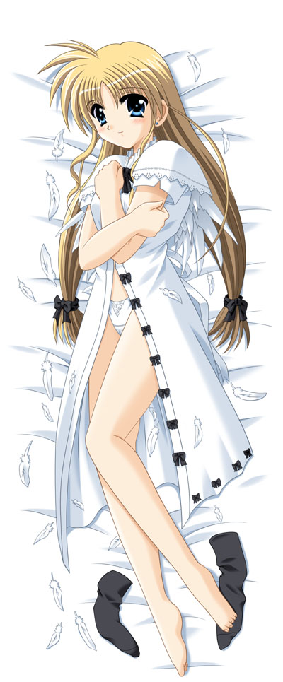artist_request barefoot bed blonde_hair blue_eyes brown_hair copyright_request dress long_hair open_clothes open_dress panties solo underwear white_dress white_panties