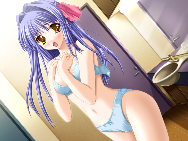 :o bangs bathroom blue_bow blue_bra blue_hair blue_panties blush bow bow_panties bra breasts collarbone cowboy_shot door dutch_angle embarrassed eyebrows_visible_through_hair faucet from_side game_cg groin hair_intakes hair_ribbon half_updo hands_on_own_chest indoors lace lace-trimmed_bra lace-trimmed_panties lights lingerie long_hair looking_at_viewer masaharu medium_breasts mirror navel open_bra panties pink_ribbon raised_eyebrows reflection ribbon shirase_ui sink solo standing straight_hair ui-chan_no_niizuma_diary underwear underwear_only undressing wooden_floor yellow_eyes