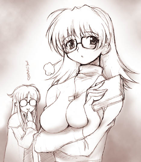 blush book breasts brown coat crossed_arms glasses hagiya_masakage impossible_clothes impossible_sweater jewelry large_breasts long_hair monochrome multiple_girls necklace r.o.d_the_tv read_or_die shirt smile sumiregawa_nenene sweater turtleneck yomiko_readman