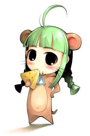 animal_ears artist_request cheese food green_hair lowres me-tan mouse_ears os-tan solo