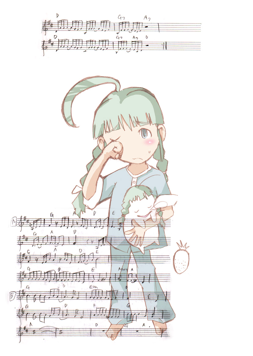 ahoge artist_request beamed_eighth_notes beamed_sixteenth_notes braid dotted_quarter_note eighth_note green_hair half_note half_rest me-tan musical_note os-tan pajamas quarter_note quarter_rest sharp_sign sheet_music sixteenth_rest sleepy solo staff_(music) treble_clef twin_braids whole_note whole_rest