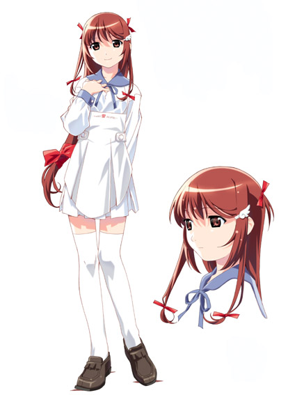 apron artist_request brown_hair full_body hair_ornament hair_ribbon hairclip hand_on_own_chest head_tilt konami_(popotan) loafers long_hair long_sleeves looking_at_viewer low-tied_long_hair popotan red_eyes ribbon shoes sidelocks simple_background smile solo standing thighhighs very_long_hair white_background zettai_ryouiki