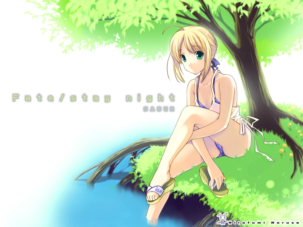 artoria_pendragon_(all) blonde_hair fate/stay_night fate_(series) grass green_eyes leg_hug naruse_hirofumi outdoors saber sandals shoes single_shoe sitting soaking_feet solo swimsuit swimsuit_under_clothes tree under_tree wallpaper water