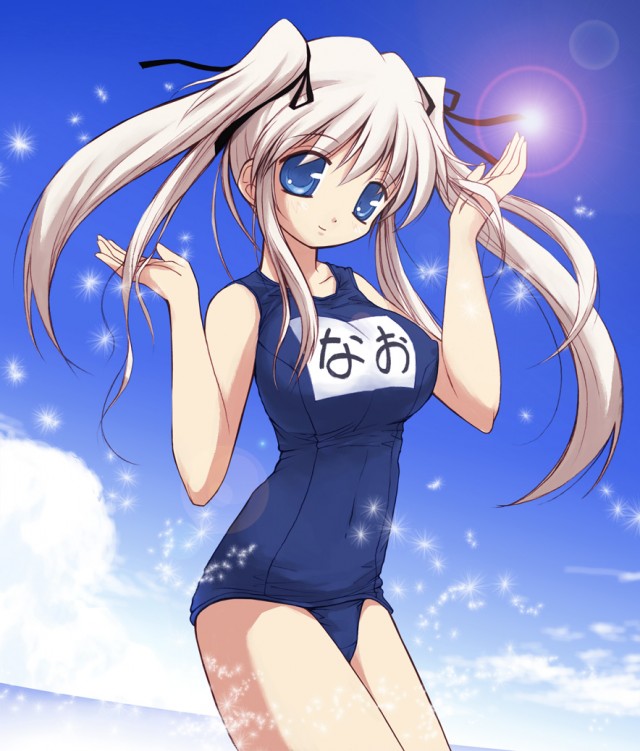 artist_request beach day mabinogi name_tag nao_(mabinogi) one-piece_swimsuit school_swimsuit solo swimsuit twintails