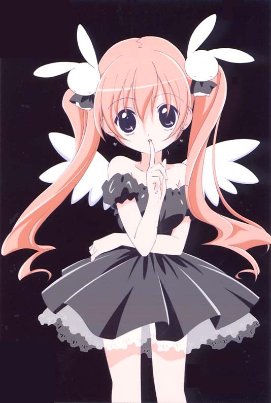 angel artist_request bare_shoulders black_background black_dress bunny_hair_ornament collarbone dress earrings finger_to_mouth hair_ornament jewelry long_hair looking_at_viewer misha_(pita_ten) pink_hair pita_ten shushing simple_background solo standing twintails white_wings wings