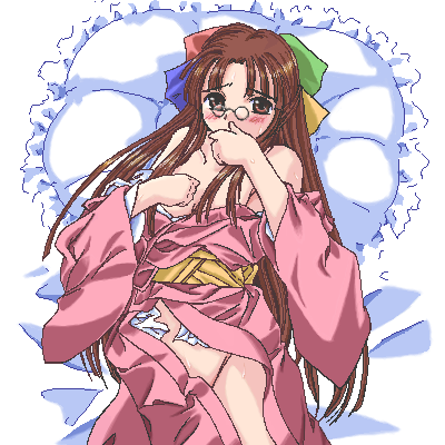 95-tan artist_request bed blush brown_eyes brown_hair frilled_pillow frills glasses hand_to_own_mouth japanese_clothes kimono long_hair long_sleeves lowres no_panties os-tan pillow ribbon sash solo sweat