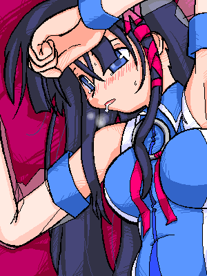 arm_up artist_request black_hair blue_eyes collared_shirt exhausted hair_ornament hairpin long_hair long_sleeves looking_down lowres os-tan parted_lips saliva see-through shirt sidelocks simple_background sleeveless sleeveless_shirt solo upper_body xp-tan