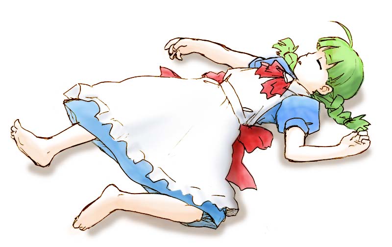 ahoge apron artist_request bangs barefoot blue_dress blunt_bangs bow bowtie braid closed_eyes dress frilled_apron frills full_body green_hair legs_apart long_hair lying me-tan on_back os-tan puffy_short_sleeves puffy_sleeves red_bow red_neckwear short_hair short_sleeves simple_background sleeping solo twin_braids white_apron white_background