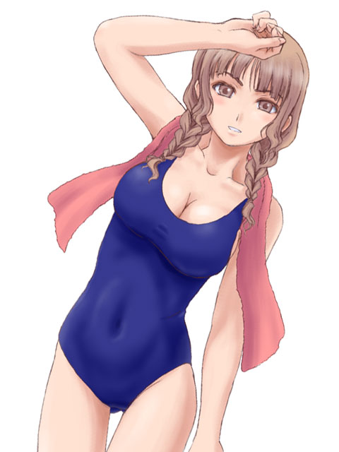 braid breasts brown_eyes brown_hair cleavage hand_on_forehead iga_tomoteru kimi_kiss large_breasts mizusawa_mao one-piece_swimsuit solo swimsuit towel twin_braids
