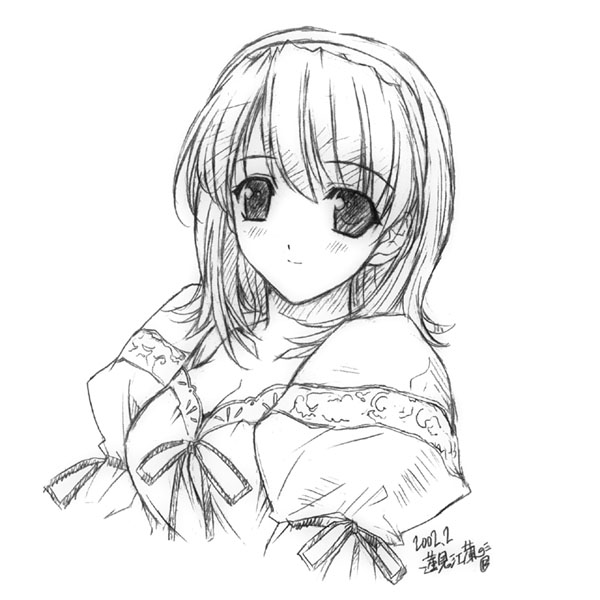 dress greyscale hairband hasegawa_akemi hasumi_eran monochrome pia_carrot_(series) pia_carrot_e_youkoso!!_3 ribbon sketch solo traditional_media