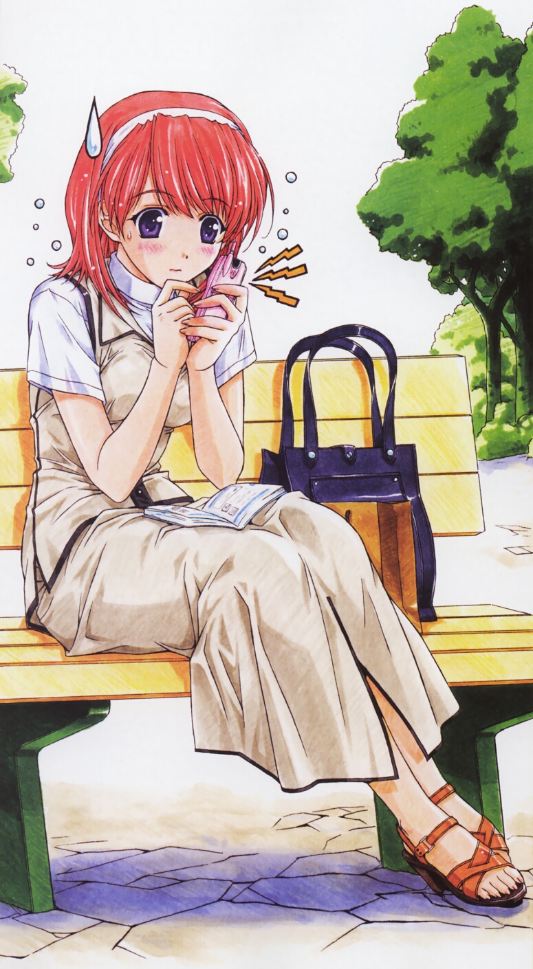 bag bangs beige_skirt bench blush book cellphone eyebrows eyebrows_visible_through_hair feet full_body hairband handbag hasegawa_akemi hasumi_eran high_heels highres holding holding_phone legs_together lightning_bolt long_skirt nervous no_socks outdoors pavement phone pia_carrot_(series) pia_carrot_e_youkoso!!_3 purple_eyes red_hair sandals short_sleeves sitting skirt skirt_set solo source_request sweatdrop toes tree vest wavy_mouth white_sky