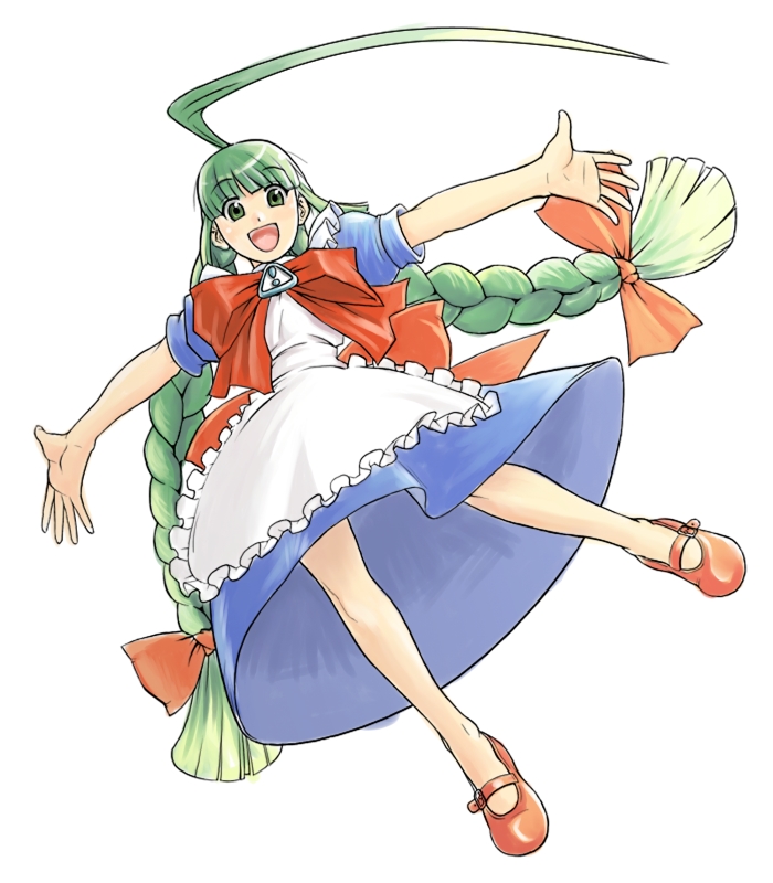 1girl :d ahoge apron artist_request bangs bare_arms bare_legs blue_dress blunt_bangs bow braid dress eyebrows_visible_through_hair floating frilled_apron frills from_below full_body green_eyes green_hair hair_bow huge_ahoge long_hair looking_at_viewer maid_apron me-tan open_hands open_mouth os-tan outstretched_arms palms puffy_short_sleeves puffy_sleeves red_bow red_footwear shoes short_sleeves simple_background smile solo spread_arms twin_braids twintails very_long_hair white_apron white_background