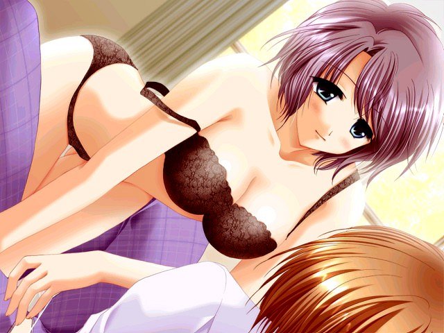 artist_request black_bra black_panties bra dutch_angle game_cg lingerie narikiri_princess panties solo strap_slip takasugi_reika underwear underwear_only