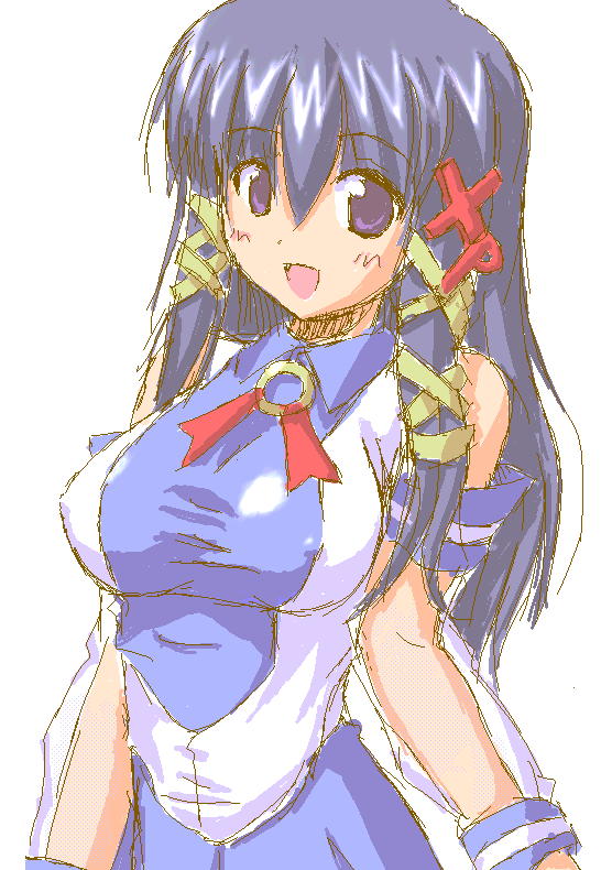 artist_request bangs blue_hair breasts fang hair_ornament large_breasts long_hair long_sleeves open_mouth os-tan pleated_skirt purple_eyes ribbon skirt solo wristband x_hair_ornament xp-tan