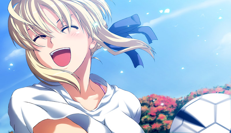 :d :o ^_^ artist_request artoria_pendragon_(all) ball blonde_hair casual closed_eyes day fate/stay_night fate_(series) flower happy open_mouth playing_sports roteiro saber sky smile soccer soccer_ball solo sport